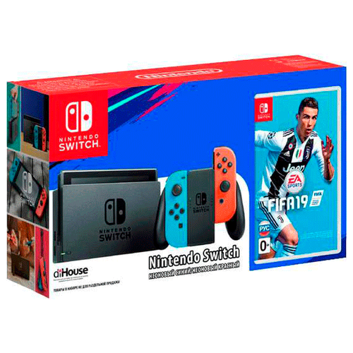 Игровая приставка Nintendo Switch обновлённая версия «неоновый красный/неоновый синий» + Fifa 19