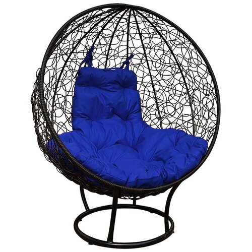 Кресло-кокон "Круглое" стоячее с ротангом черное + синяя подушка