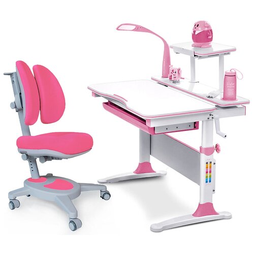 Комплект парта Mealux Evo-30 розовый + кресло Onyx Duo розовый + Led-лампа + полка-надстройка + подставка для книг