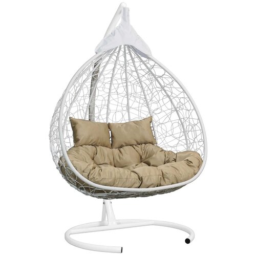 Подвесное двухместное кресло-кокон FISHT белый + Стойка для подвесных кресел белая LAURA ( подушка салатовая. Материал - рогожка)
