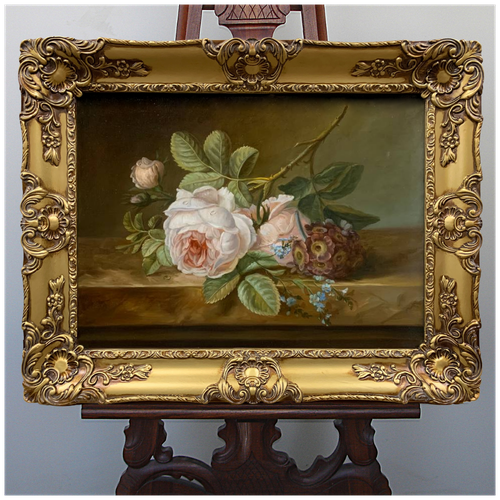 Картина маслом на холсте "Розы на каменной столешнице"