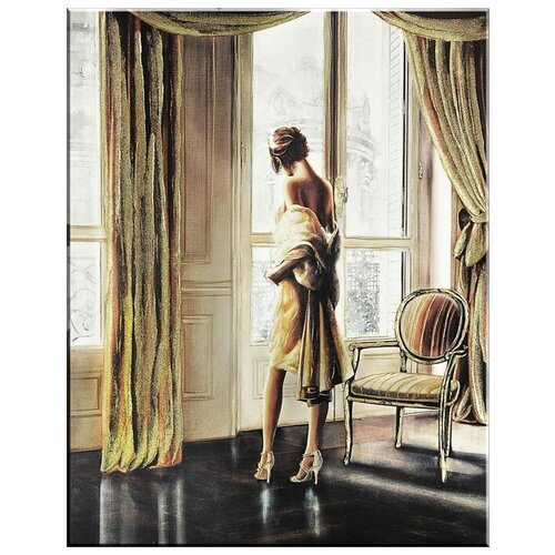 Картина "Парижанка" 70x100 см. Девушка/Женщина у окна в ожидание