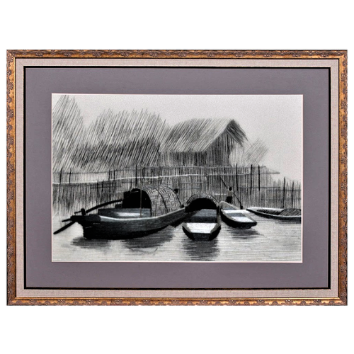 Картина вышитая шелком Джонки черно белый пейзаж ручной работы/см 44х38х3/багет+паспарту