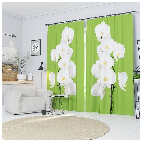Фотошторы Орхидея на зеленом Ш150xВ255 см. 2шт. Блэкаут на тесьме