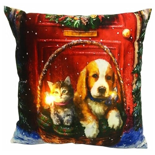 Светящаяся подушка новогодний портрет щенка И котёнка