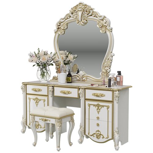 Столик туалетный с зеркалом и пуфиком Дольче Вита СДВ-05 цвет белый глянец с золотом