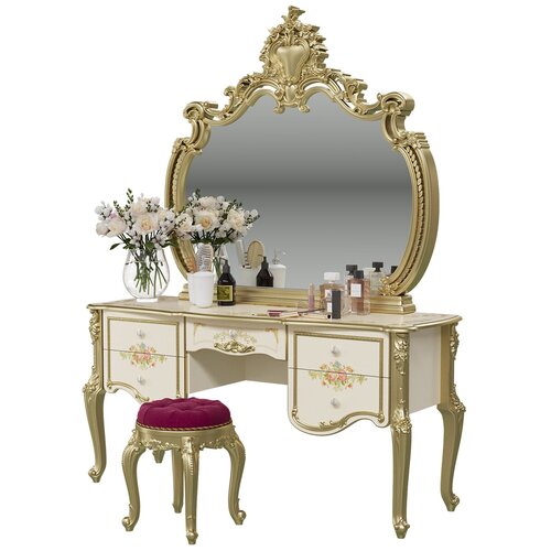 Столик туалетный с зеркалом и пуфиком Шейх СШ-05 цвет слоновая кость/золото