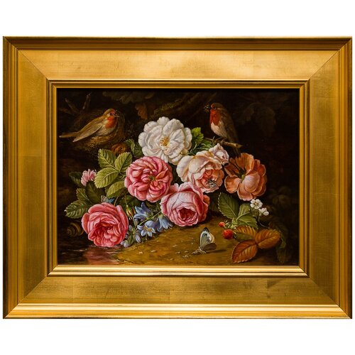 Картина маслом"Натюрморт с цветами и птицами" Кривонос
