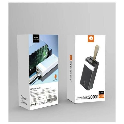 Портативный аккумулятор 30000 mah Power Bank + Фонарь / 2USB + Type-c + Micro / черный