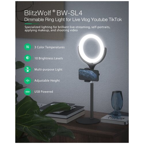 Держатель для телефона с кольцевой подсветкой BlitzWolf BW-SL4 Dimmable Ring Light for Live Vlog Youtube TikTok Black