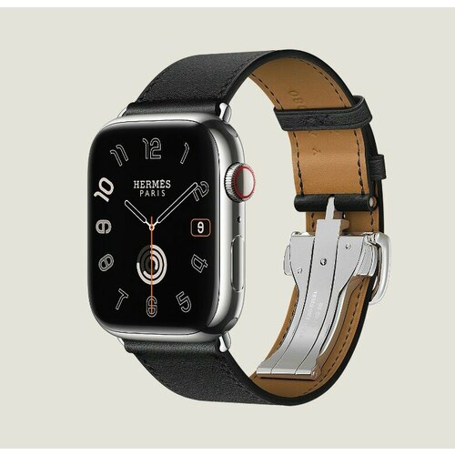 Часы Apple Watch Hermès Series 9 GPS + Cellular 45mm Silver Stainless Steel Case with Noir Swift Leather Single Tour Deployment Buckle