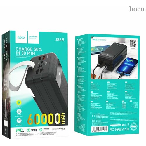 Power Bank (повербанк с быстрой зарядкой) Hoco J86B 60000mAh + LED Фонарик