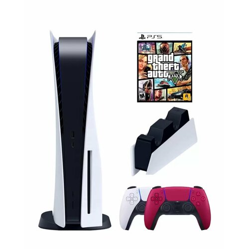 PS5 (ПС5) Игровая приставка Sony PlayStation 5 (3-ревизия)+2-й геймпад(красный)+зарядное+Игра Grand Theft Auto V