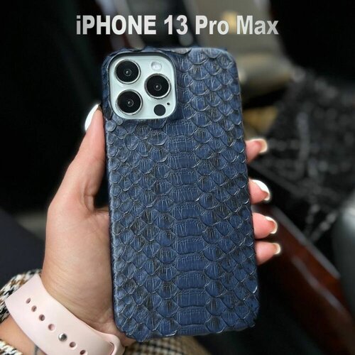 Красивый чехол iPhone 13 Pro Max из натуральной синей кожи питона