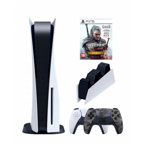 PS5 (ПС5) Игровая приставка Sony PlayStation 5 (3-ревизия)+2-й геймпад(военный)+зарядное+Игра Witcher 3