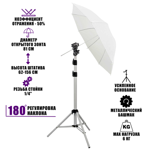Комплект для съемки WST-UWD-81: зонт просветный диаметром 81 см на белой стойке с держателем для вспышки