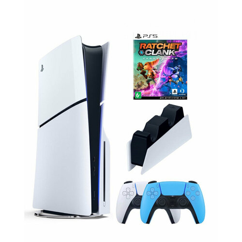 Приставка Sony Playstation 5 slim 1 Tb+2-ой геймпад(голубой)+зарядное+Ratchet Clank
